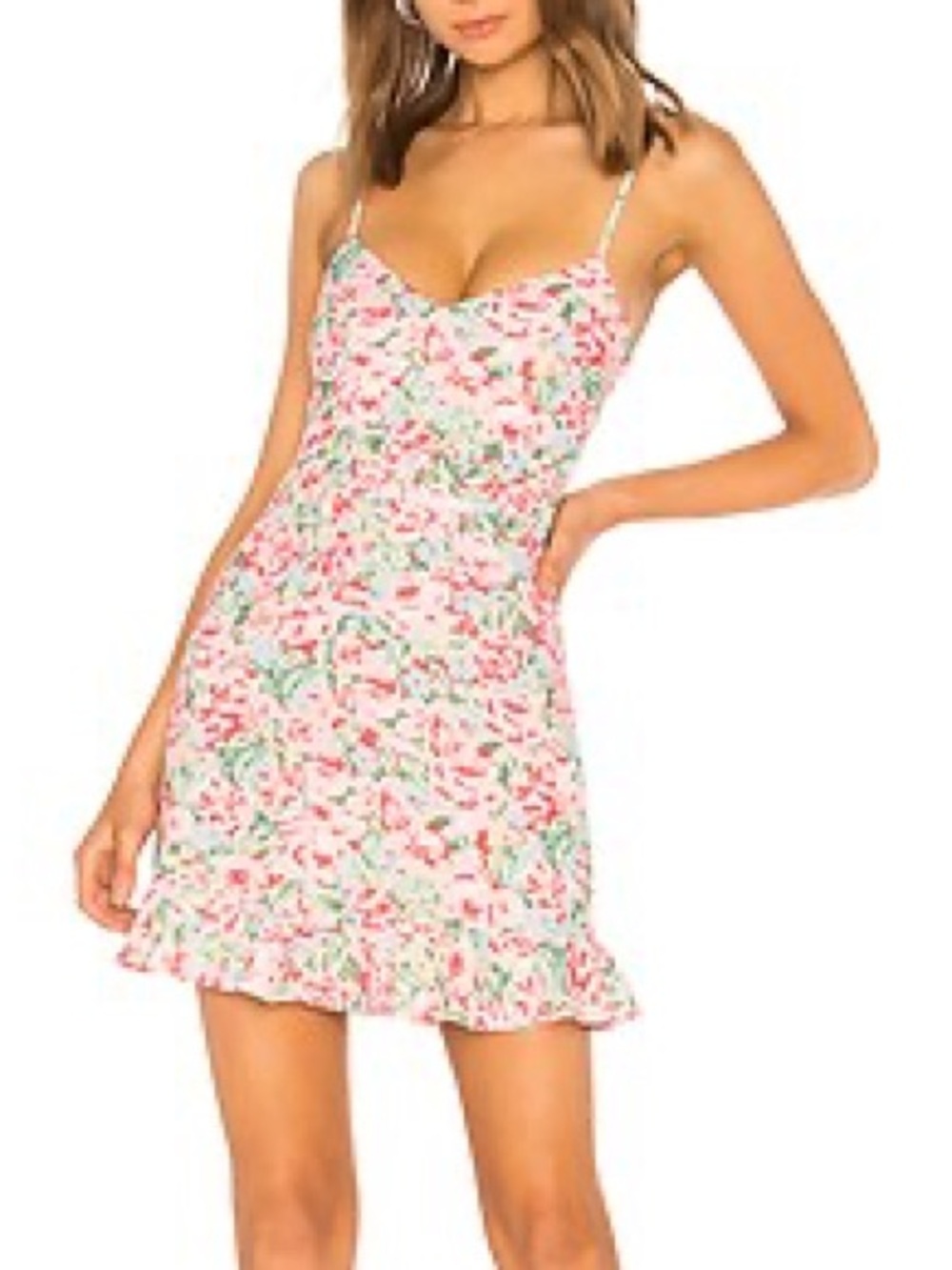 LPA Revolve Multi Ruffle Pink Blossoms Floral Spaghetti-Strap Mini Dress